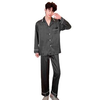 Шелковый комплект мужской пижамы TX0030 Черный рубашка с длинным рукавом и штанами атласная L