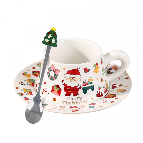 Рождественская чашка "Merry Christmass" Санта-Клаус JJX005 кружка с блюдцем с ложечкой новогодняя в подарочной упаковке White