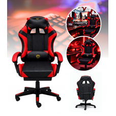 Геймерське крісло Primaveo з ергономічними подушками та висувною підставкою для ніг, Чорний/Червоний