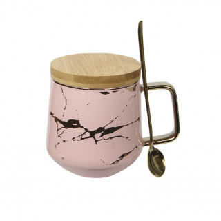 Чайная чашка A2024 з бамбуковою кришкою та ложкою золотой мрамор Pink